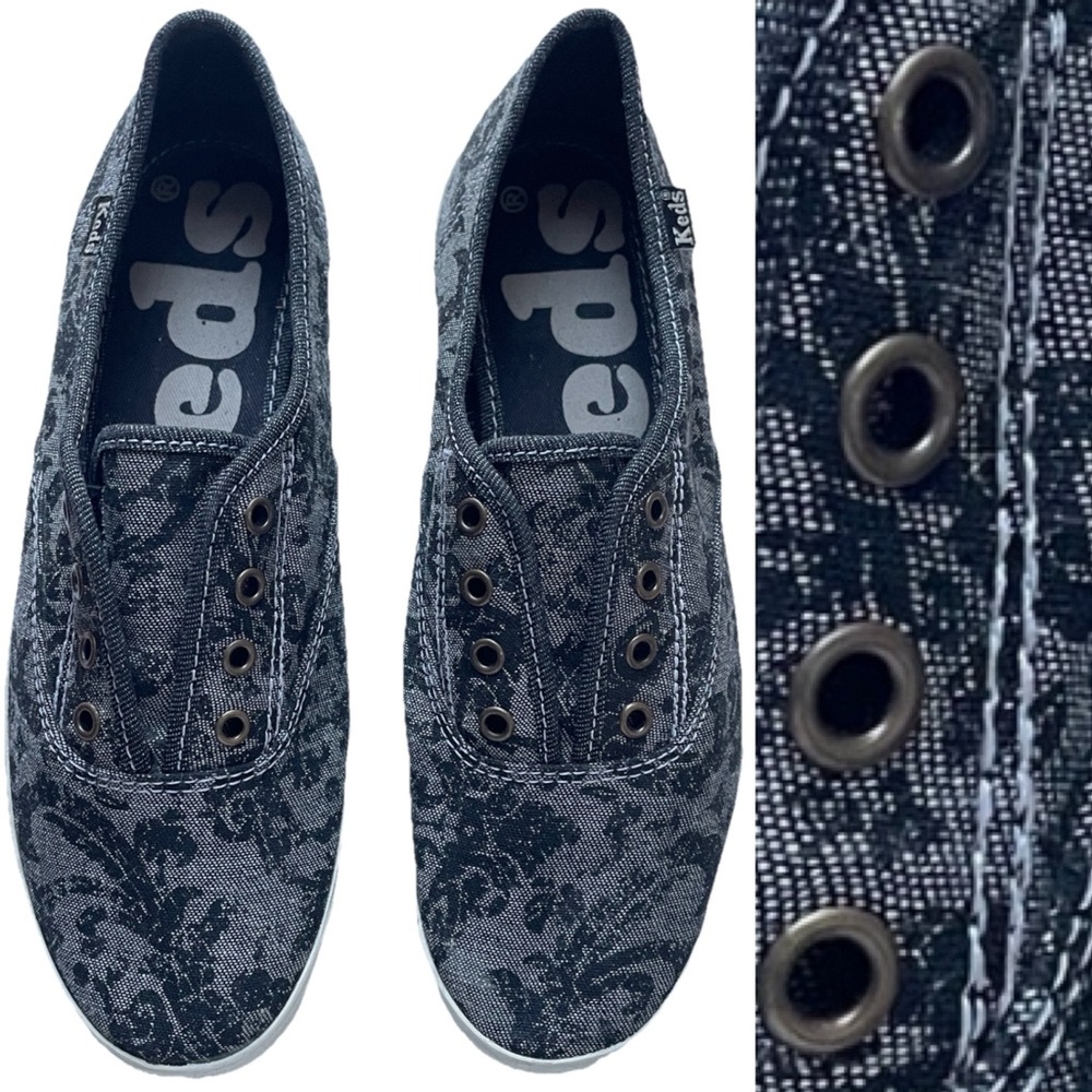 KEDS Vintage 90s Grey Floral SLIP-ON SNEAKERS Size 6.5 - Picture 3 of 11